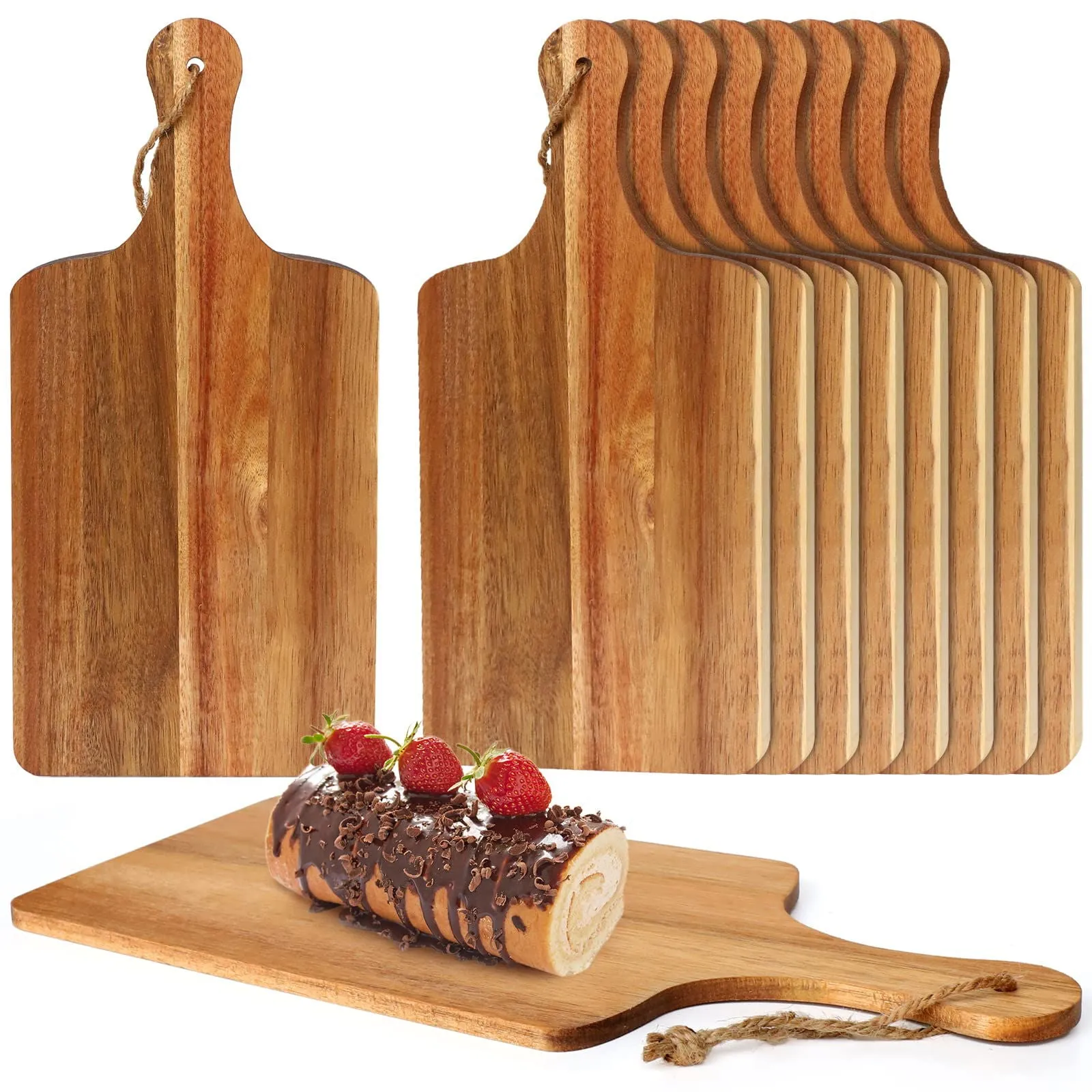 10 Packs Acacia Wood Cutting Board, 15 x 7 Inch Plain Chopping Board with Handles Large Serving Board Wooden Kitchen Cutting Board Bulk with Ropes