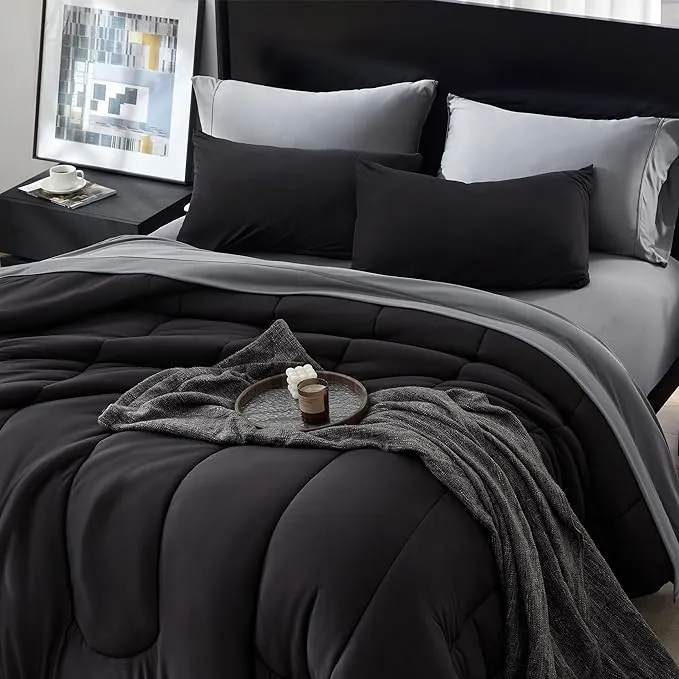 100% Microfiber Jersey Knit Comforter Set Duvet Set with Pillow Shams Black