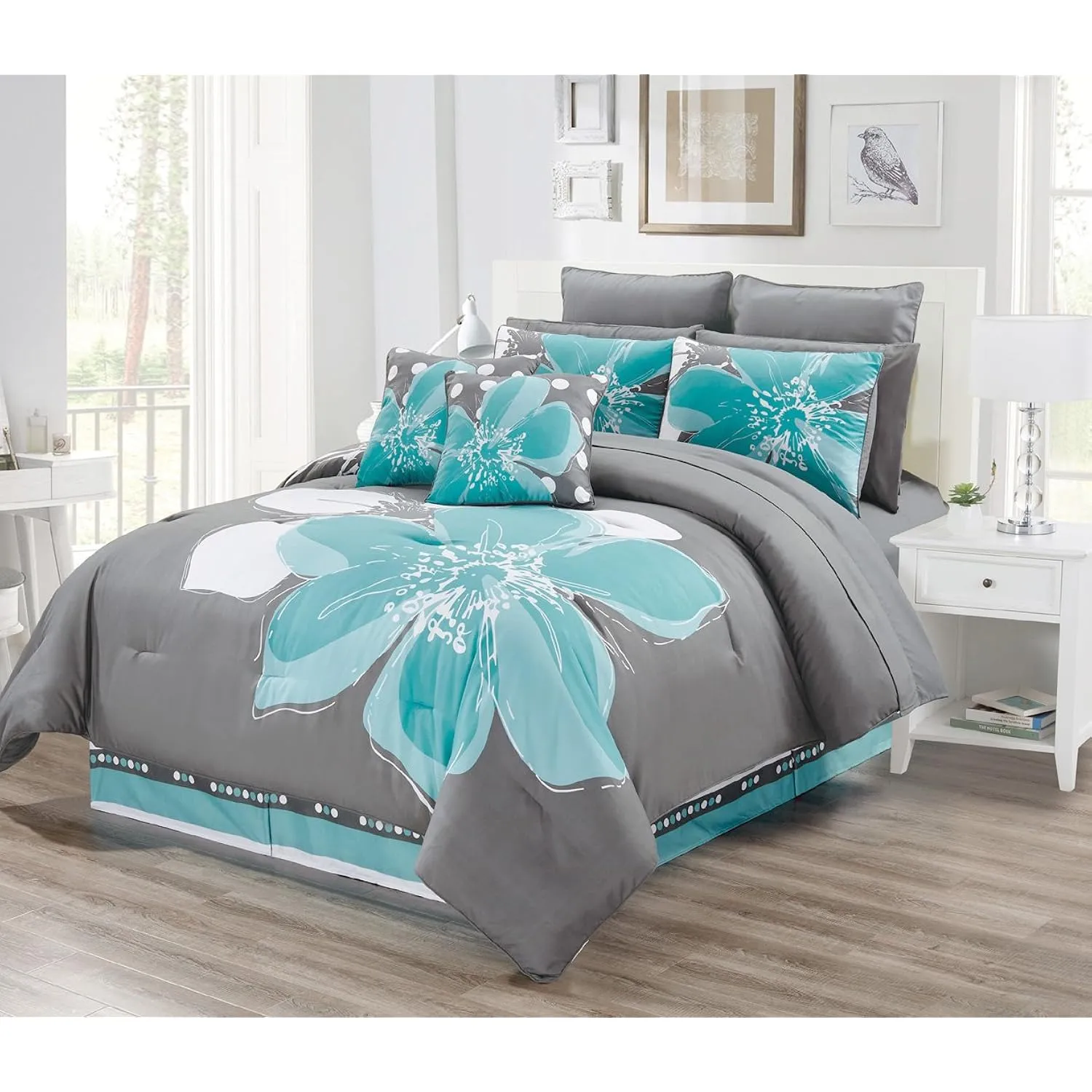 12 - Piece Aqua Blue, Grey, White Floral Bed-In-A-Bag Queen Size Bedding   She