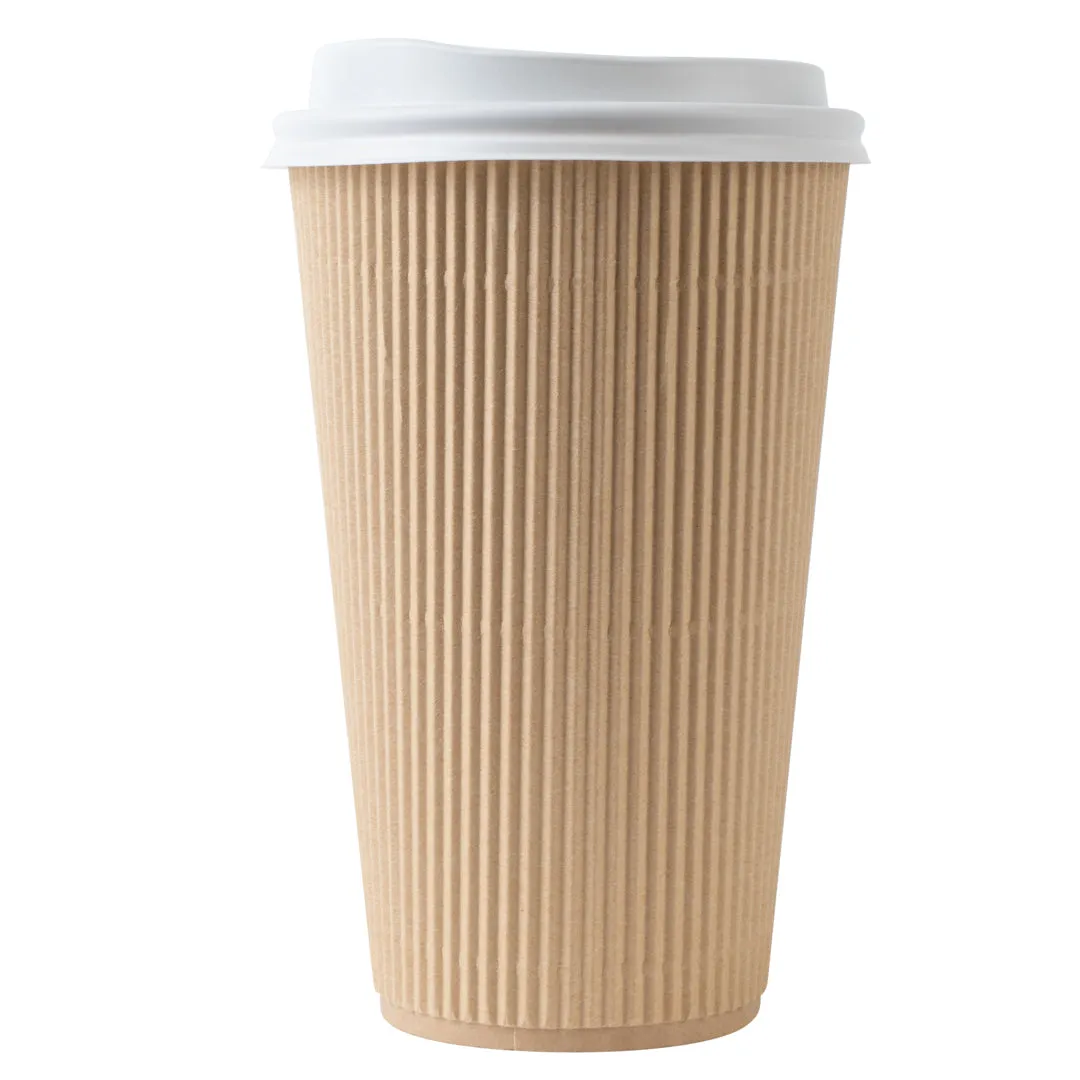 16 oz Kraft Paper Ripple Wall Coffee Cup - with White Lid - 3 1/2" x 3 1/2" x 6 1/4" - 20 count box