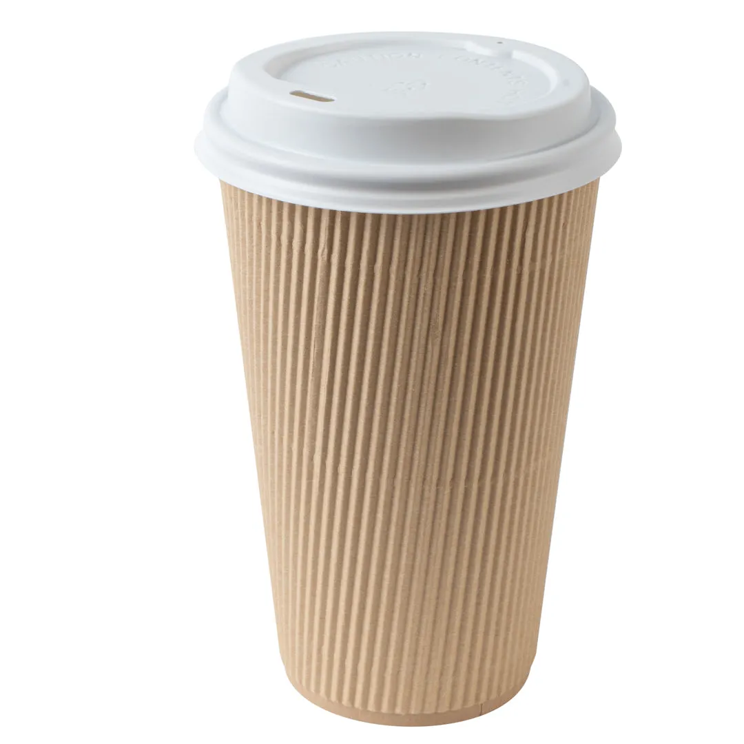 16 oz Kraft Paper Ripple Wall Coffee Cup - with White Lid - 3 1/2" x 3 1/2" x 6 1/4" - 20 count box