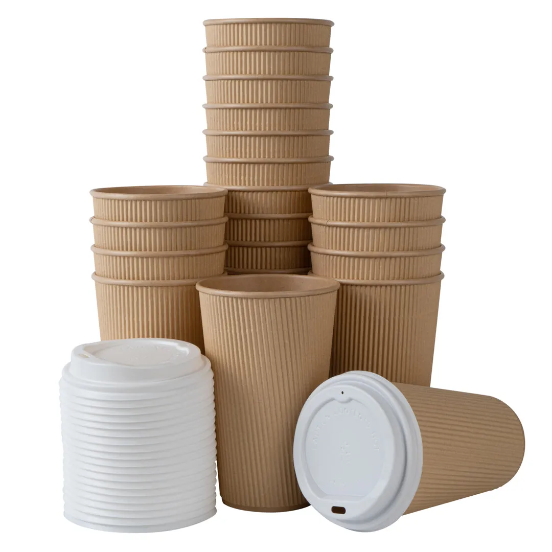 16 oz Kraft Paper Ripple Wall Coffee Cup - with White Lid - 3 1/2" x 3 1/2" x 6 1/4" - 20 count box