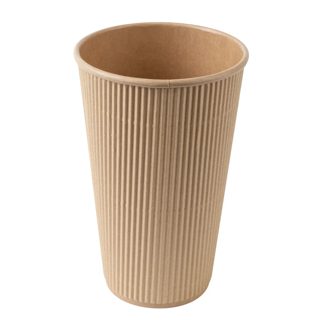 16 oz Kraft Paper Ripple Wall Coffee Cup - with White Lid - 3 1/2" x 3 1/2" x 6 1/4" - 20 count box