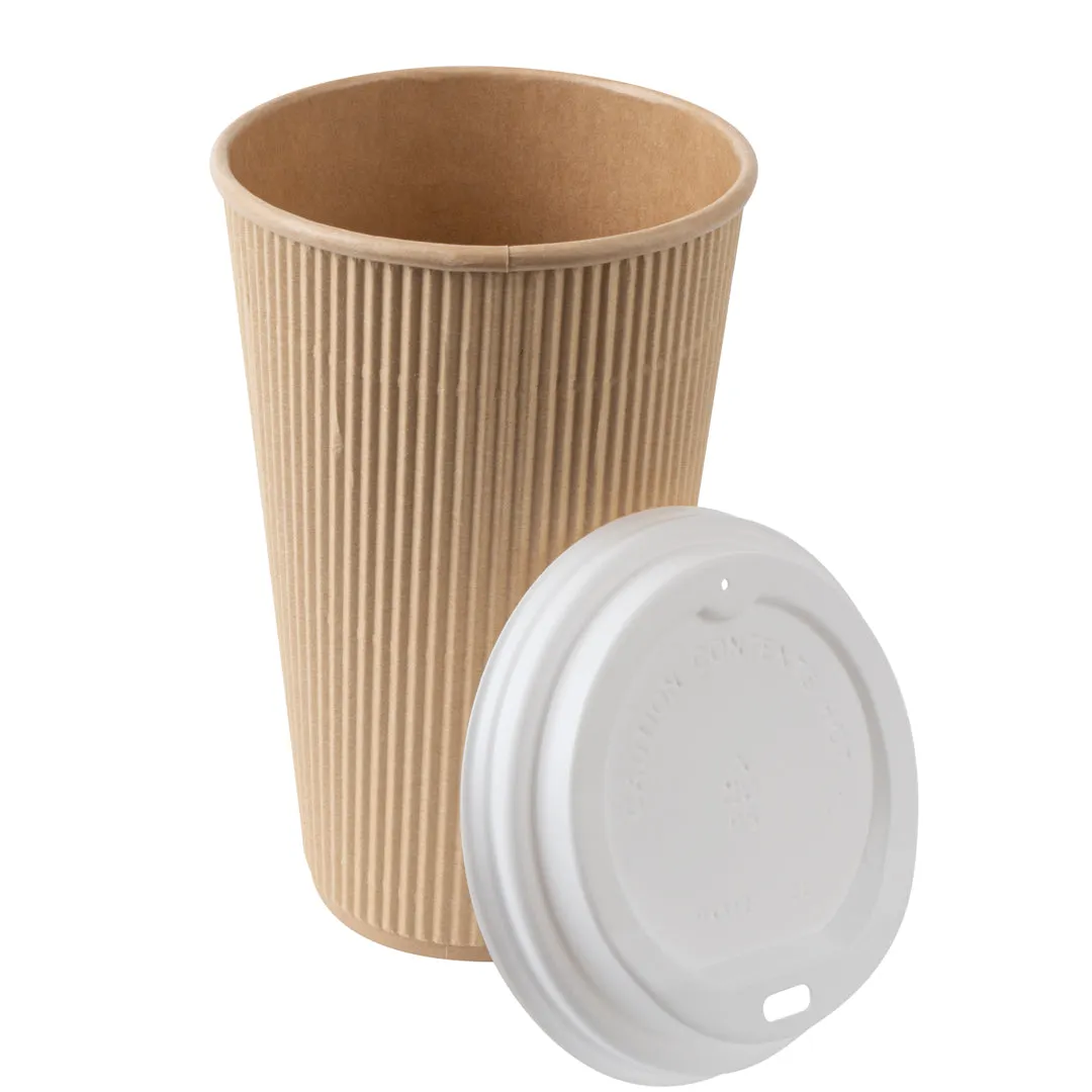 16 oz Kraft Paper Ripple Wall Coffee Cup - with White Lid - 3 1/2" x 3 1/2" x 6 1/4" - 20 count box