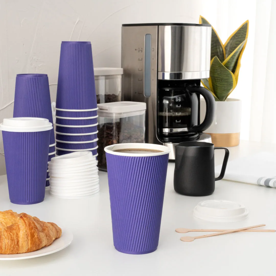 16 oz Royal Purple Paper Ripple Wall Coffee Cup - with White Lid - 3 1/2" x 3 1/2" x 6 1/4" - 200 count box