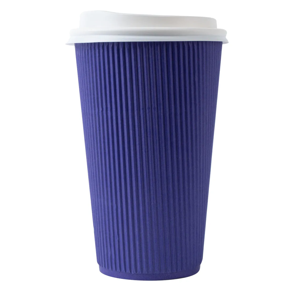 16 oz Royal Purple Paper Ripple Wall Coffee Cup - with White Lid - 3 1/2" x 3 1/2" x 6 1/4" - 200 count box