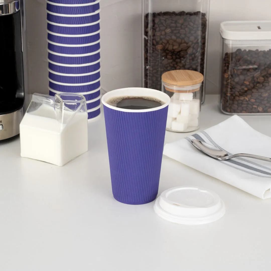 16 oz Royal Purple Paper Ripple Wall Coffee Cup - with White Lid - 3 1/2" x 3 1/2" x 6 1/4" - 200 count box