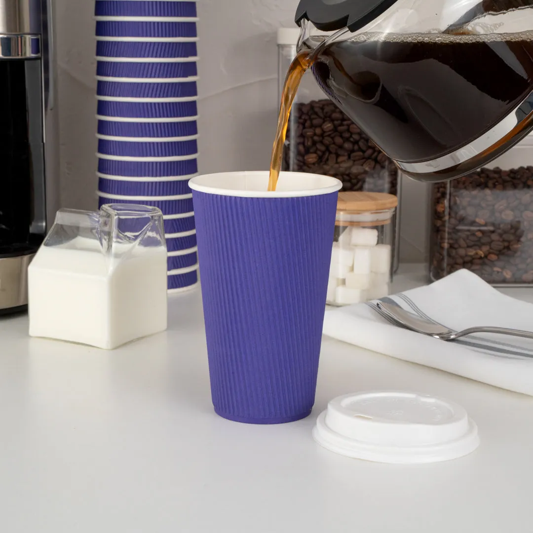 16 oz Royal Purple Paper Ripple Wall Coffee Cup - with White Lid - 3 1/2" x 3 1/2" x 6 1/4" - 200 count box