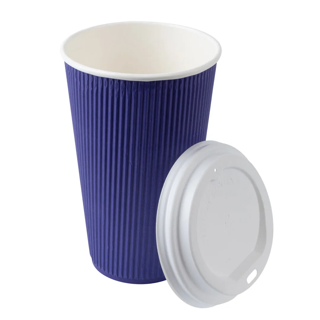 16 oz Royal Purple Paper Ripple Wall Coffee Cup - with White Lid - 3 1/2" x 3 1/2" x 6 1/4" - 200 count box