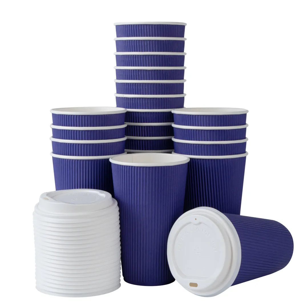 16 oz Royal Purple Paper Ripple Wall Coffee Cup - with White Lid - 3 1/2" x 3 1/2" x 6 1/4" - 200 count box