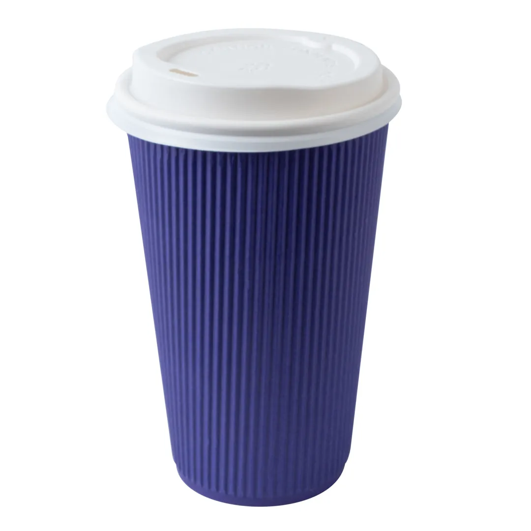 16 oz Royal Purple Paper Ripple Wall Coffee Cup - with White Lid - 3 1/2" x 3 1/2" x 6 1/4" - 200 count box