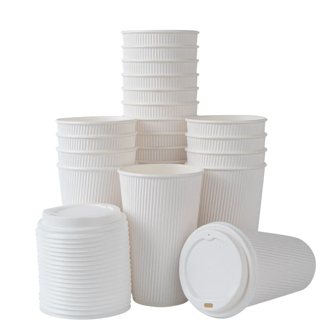 16 oz White Paper Ripple Wall Coffee Cup - with White Lid - 3 1/2" x 3 1/2" x 6 1/4" - 200 count box