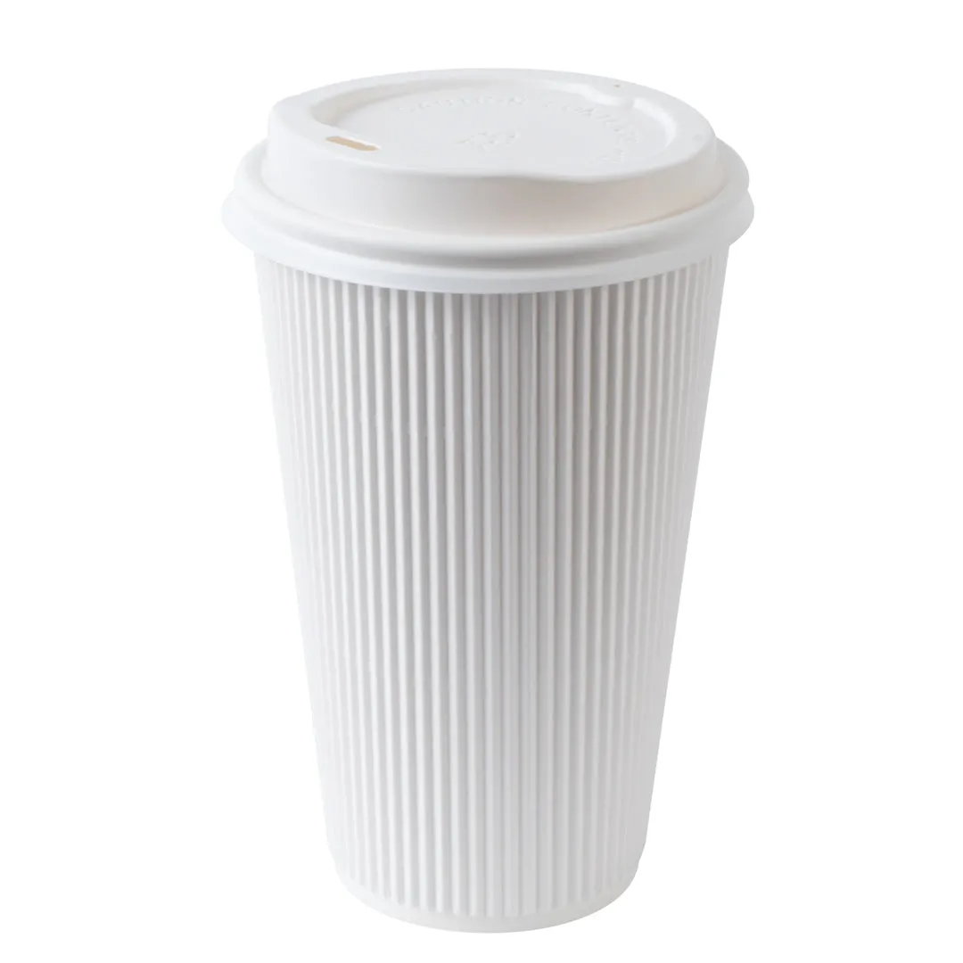 16 oz White Paper Ripple Wall Coffee Cup - with White Lid - 3 1/2" x 3 1/2" x 6 1/4" - 200 count box