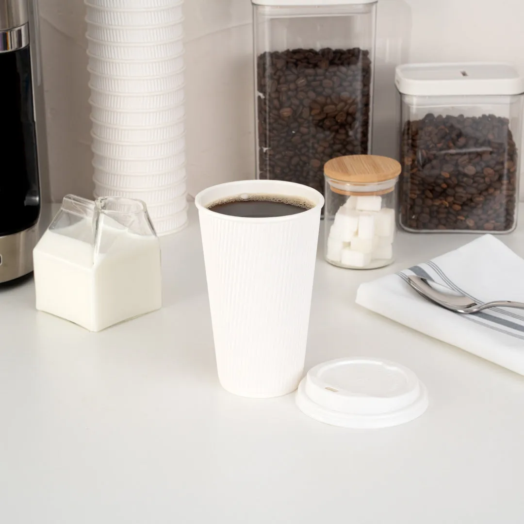 16 oz White Paper Ripple Wall Coffee Cup - with White Lid - 3 1/2" x 3 1/2" x 6 1/4" - 200 count box