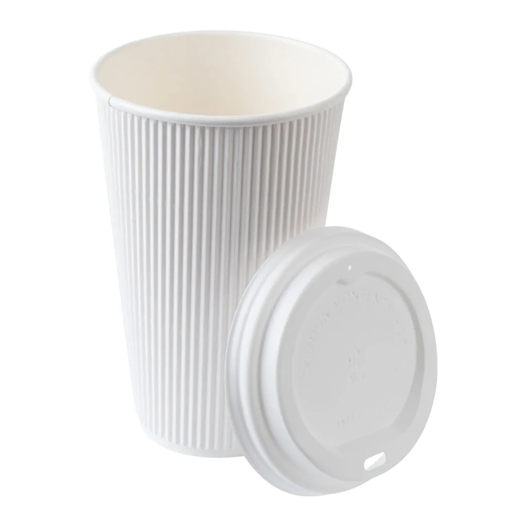 16 oz White Paper Ripple Wall Coffee Cup - with White Lid - 3 1/2" x 3 1/2" x 6 1/4" - 200 count box