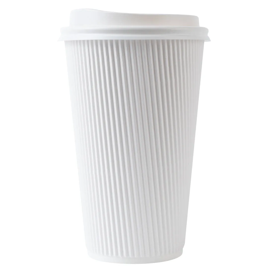 16 oz White Paper Ripple Wall Coffee Cup - with White Lid - 3 1/2" x 3 1/2" x 6 1/4" - 200 count box