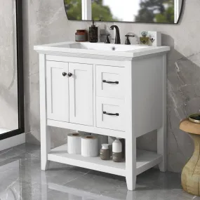 30" Bathroom Vanity with Ceramic Sink Top, Vanity Cabinet, Multi-Functional Drawer, Solid Wood Legs - White