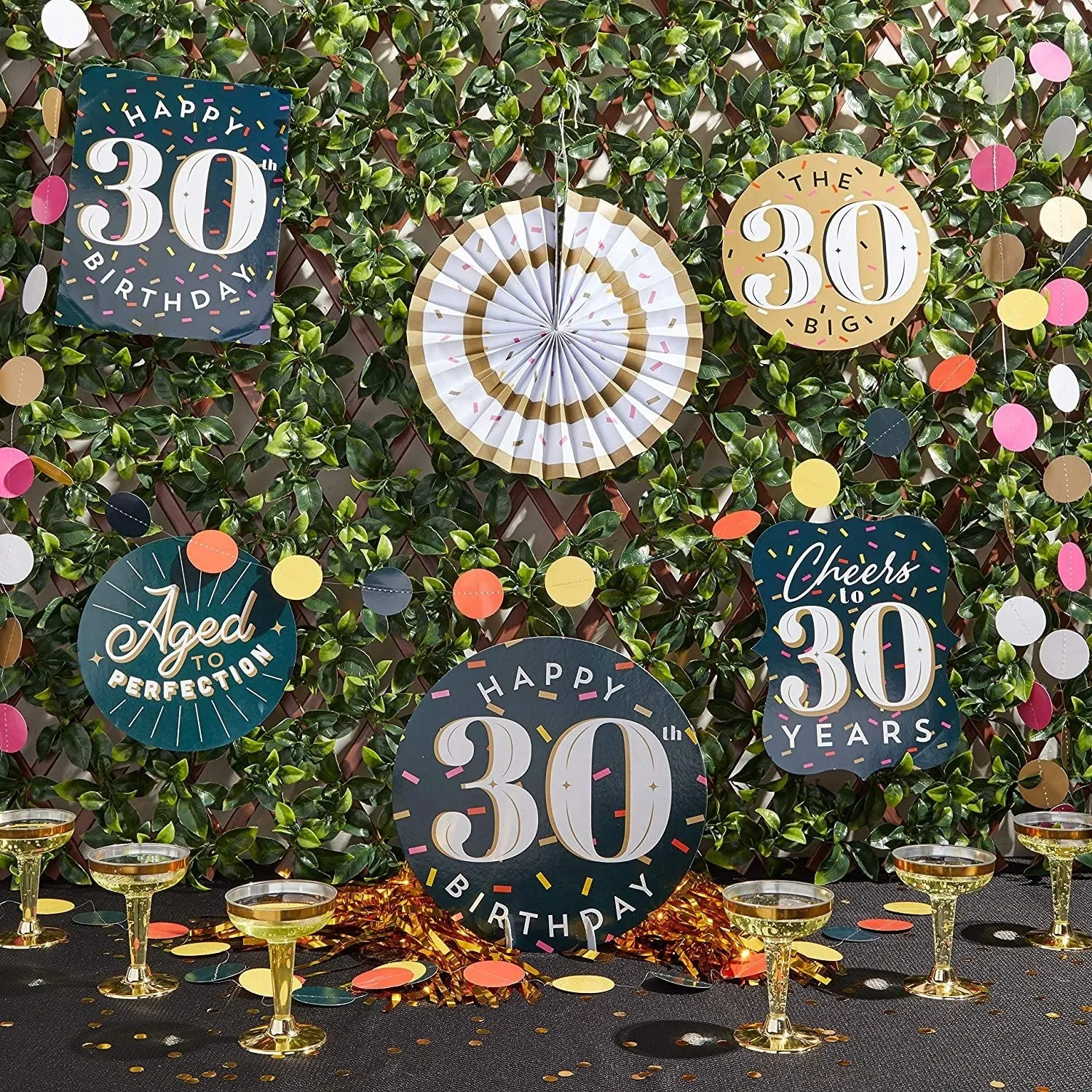 30th Birthday Décor, Includes Table Centerpieces, Wall Sign, Ceiling Decorations and Confetti String (12 Pieces)