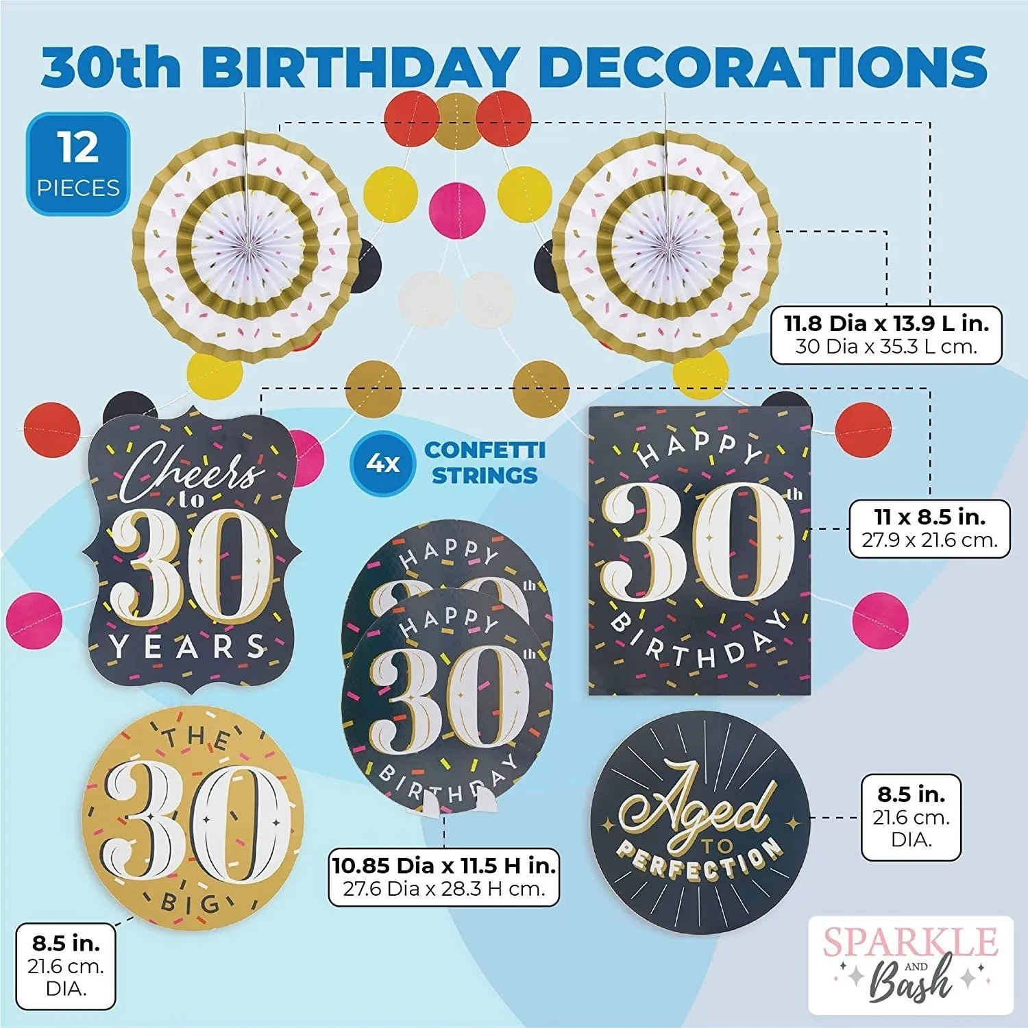 30th Birthday Décor, Includes Table Centerpieces, Wall Sign, Ceiling Decorations and Confetti String (12 Pieces)