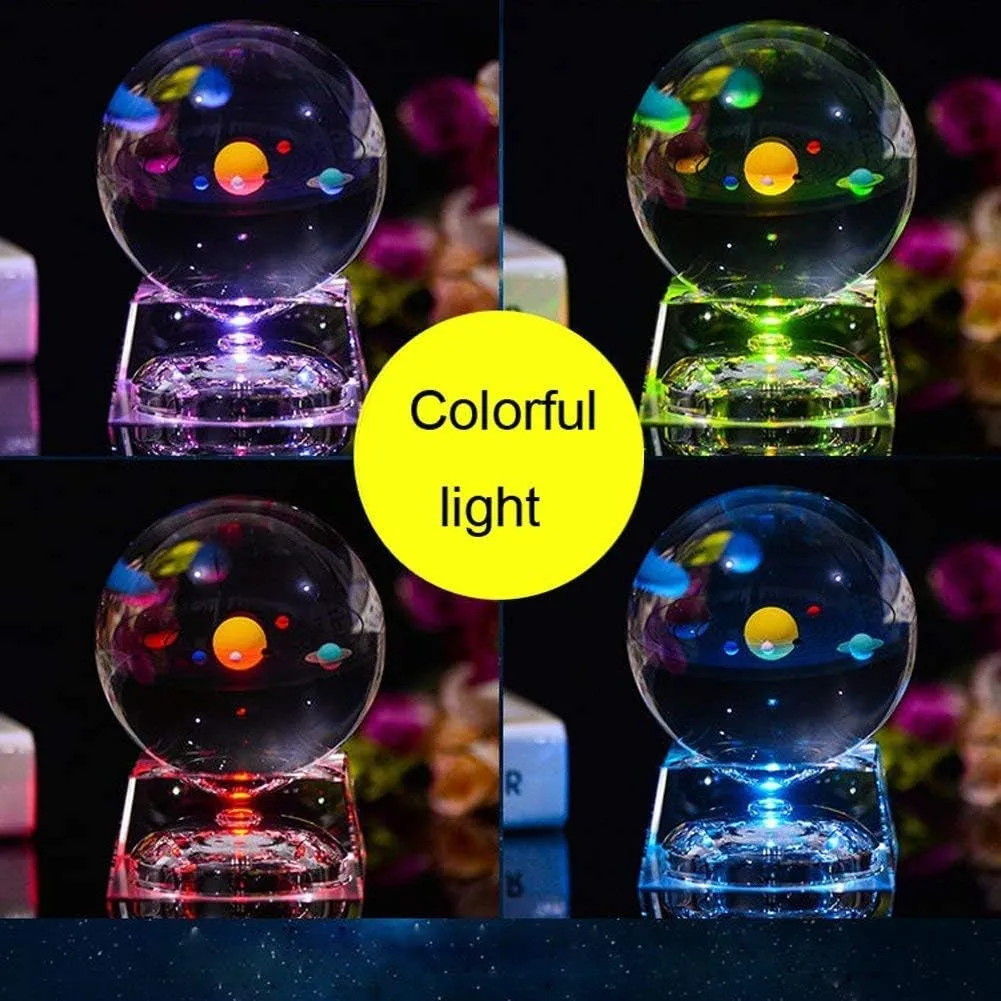 3D Crystal Ball with Solar System Model and LED Lamp Base, Clear 80Mm (3.15 Inch) Solar System Crystal Ball, Best Birthday Gift for Kids, Teacher of Physics, Girlfriend Gift, Classmates and Kids Gift