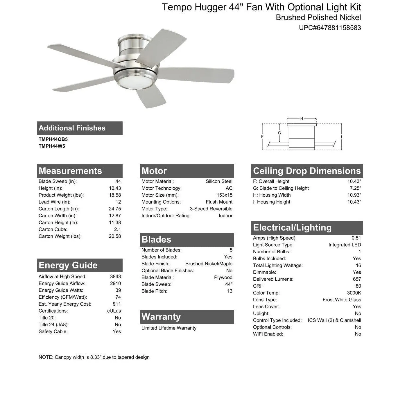 44" Tempo Hugger in Brushed Polished Nickel w/ Brushed Nickel/Maple Blades