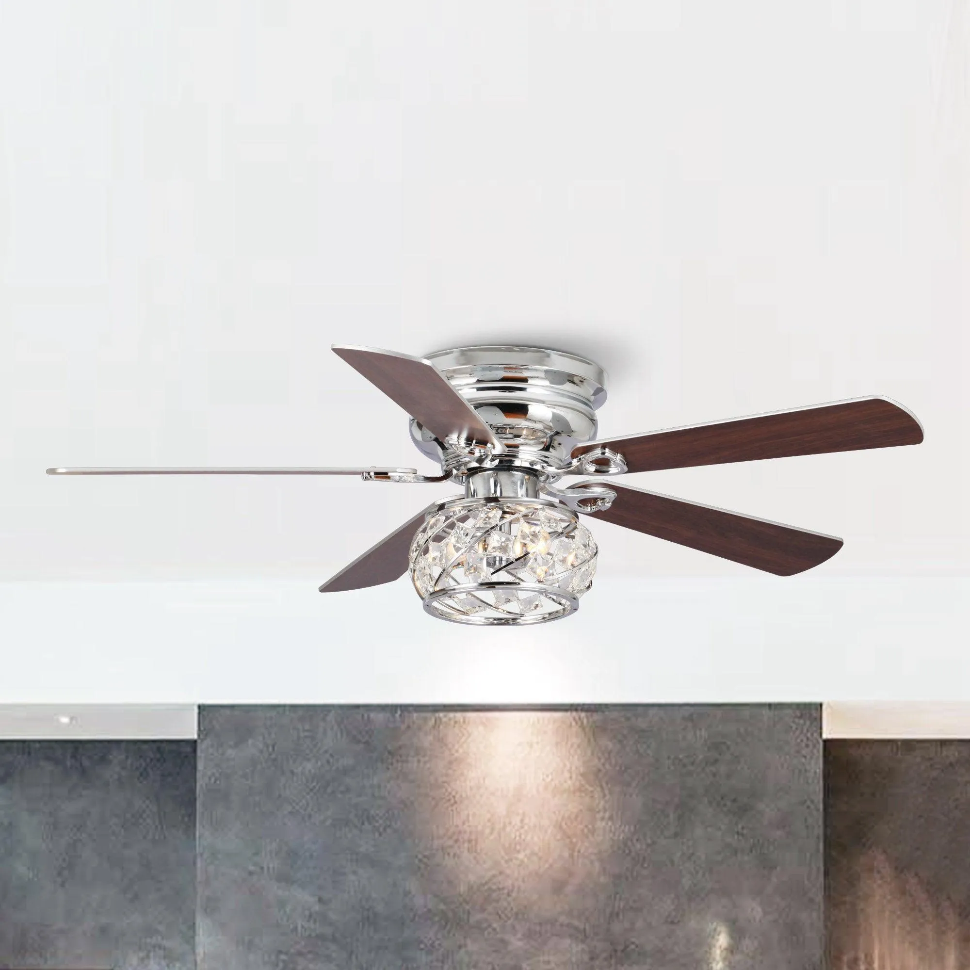 48" Modern Chrome Flush Mount Reversible Crystal Ceiling Fan with Lighting and Remote Control