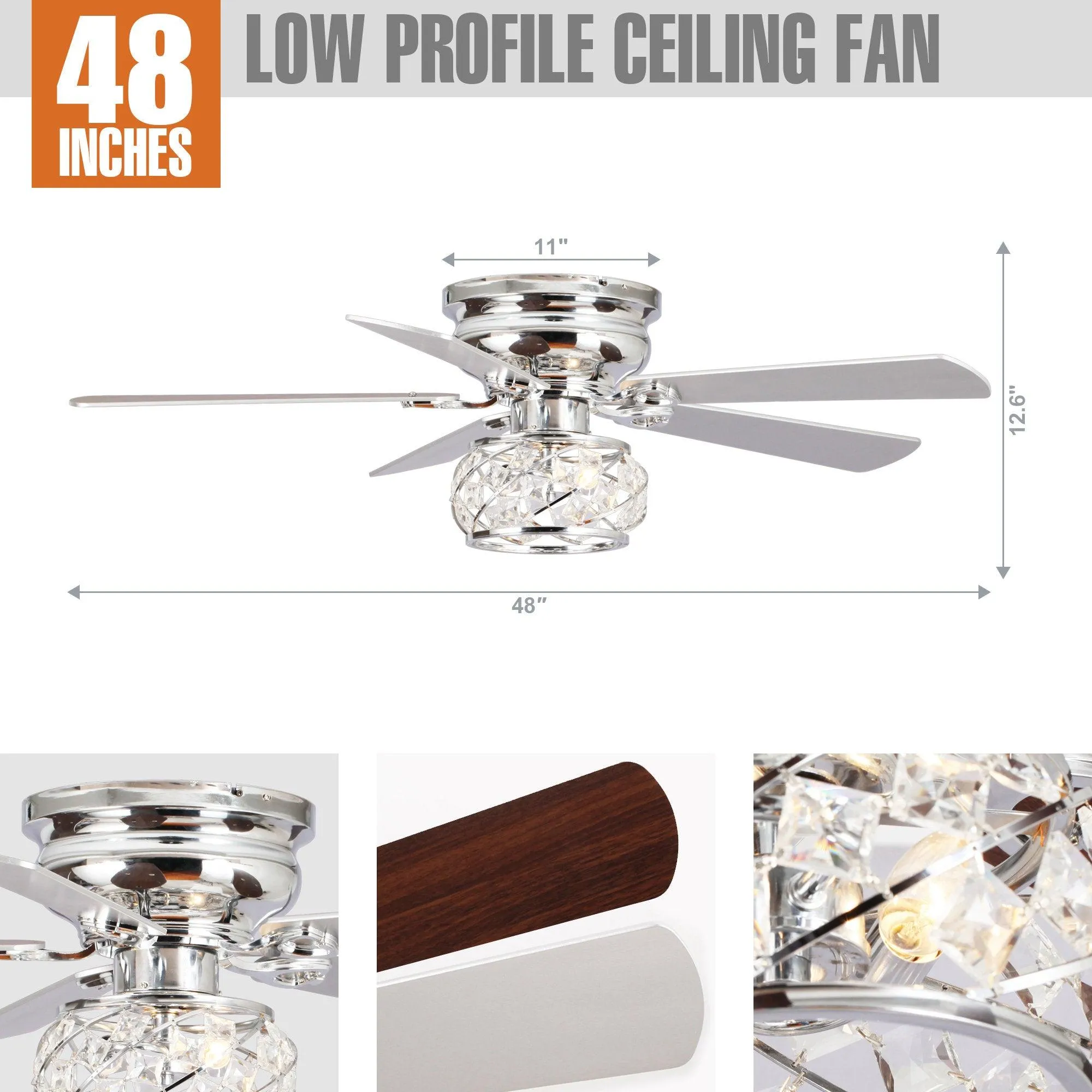 48" Modern Chrome Flush Mount Reversible Crystal Ceiling Fan with Lighting and Remote Control