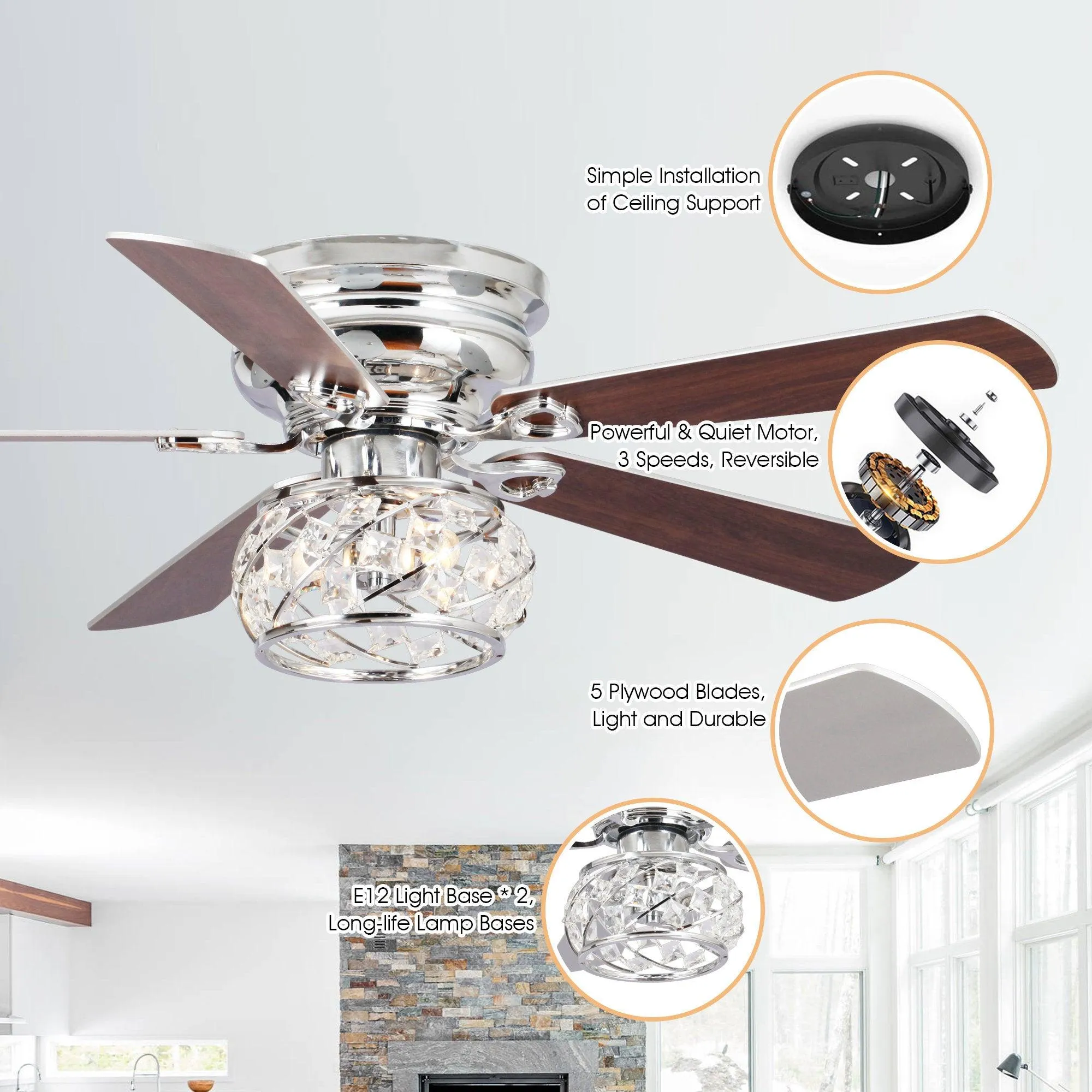 48" Modern Chrome Flush Mount Reversible Crystal Ceiling Fan with Lighting and Remote Control