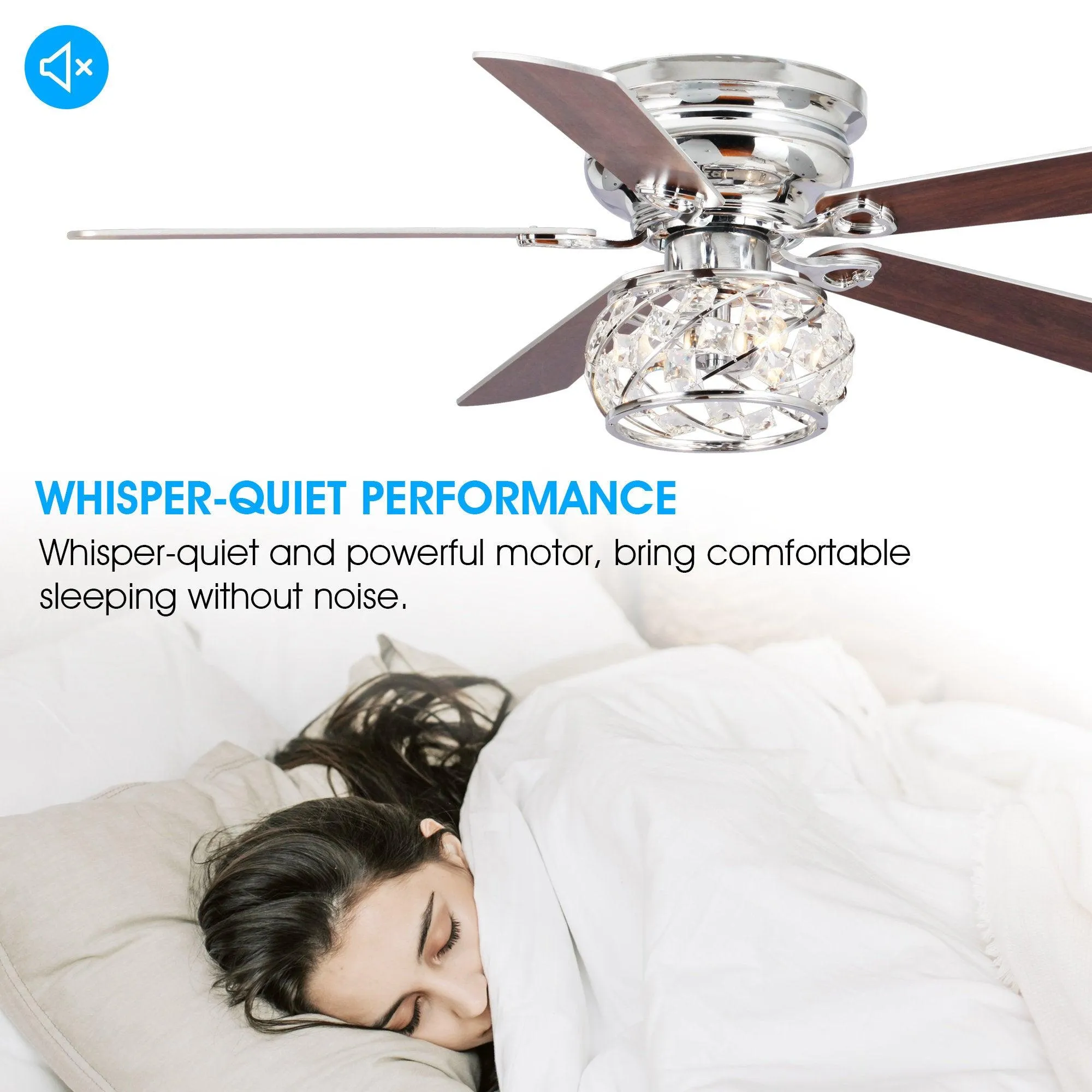 48" Modern Chrome Flush Mount Reversible Crystal Ceiling Fan with Lighting and Remote Control