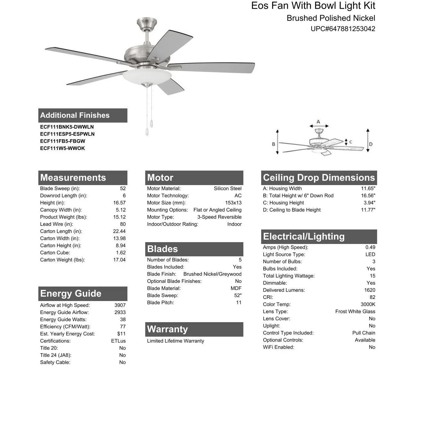 52" Eos 3 Light Bowl in Brushed Polished Nickel w/ Brushed Nickel/Greywood Blades