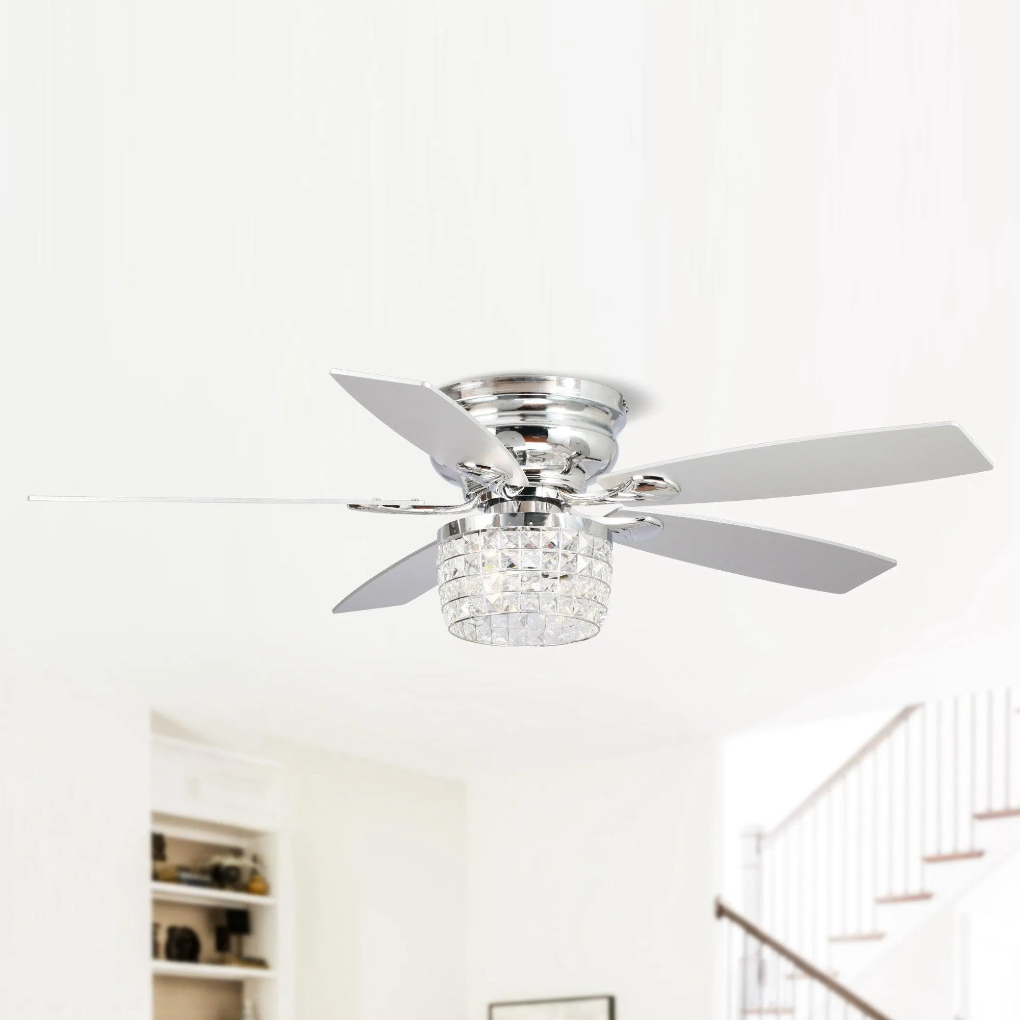 52" Panipat Modern Chrome Flush Mount Reversible Crystal Ceiling Fan with Lighting and Remote Control