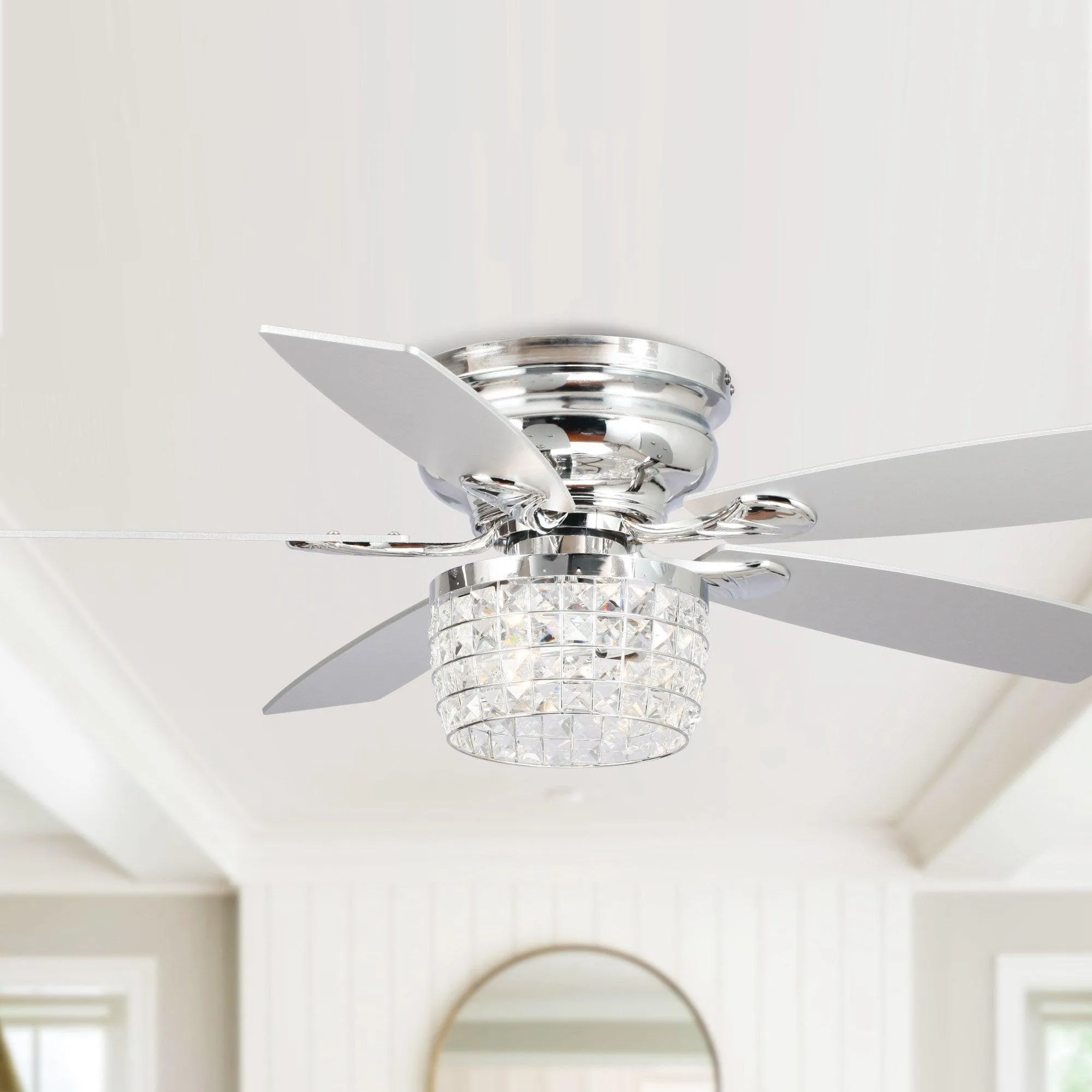 52" Panipat Modern Chrome Flush Mount Reversible Crystal Ceiling Fan with Lighting and Remote Control