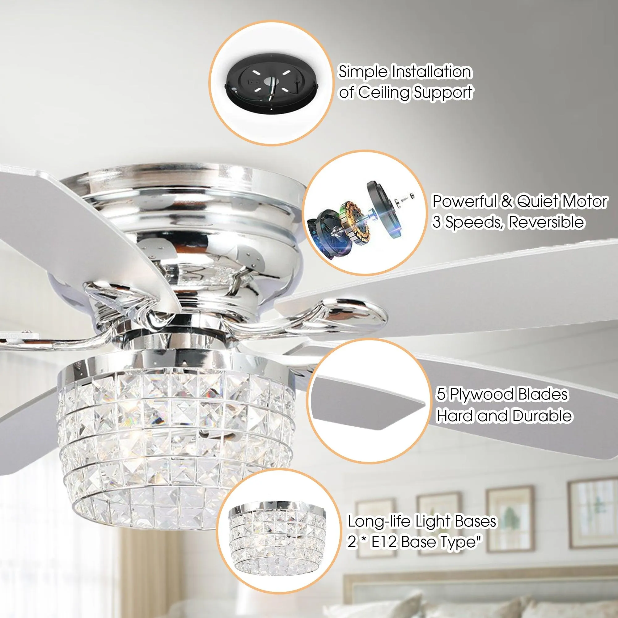 52" Panipat Modern Chrome Flush Mount Reversible Crystal Ceiling Fan with Lighting and Remote Control