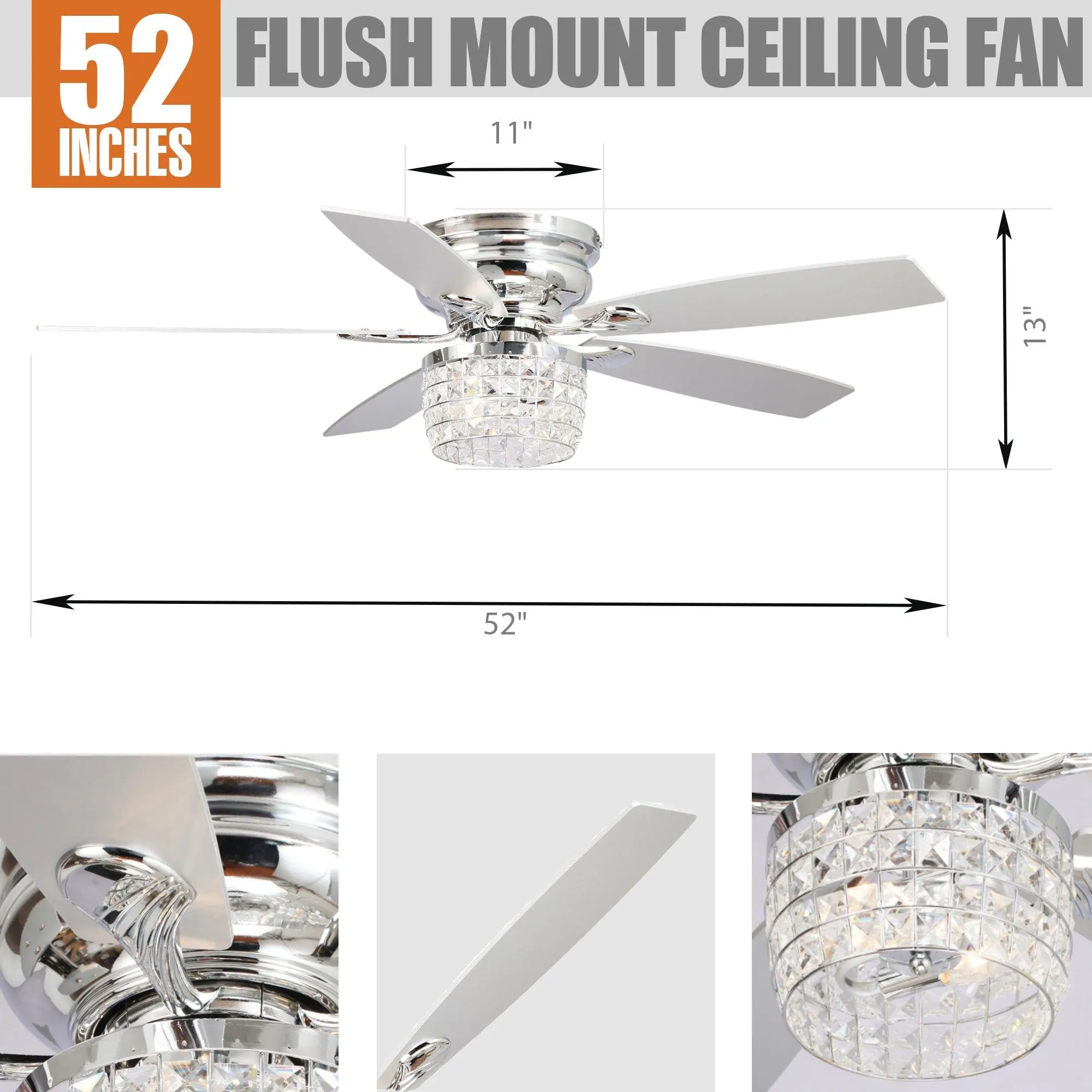 52" Panipat Modern Chrome Flush Mount Reversible Crystal Ceiling Fan with Lighting and Remote Control