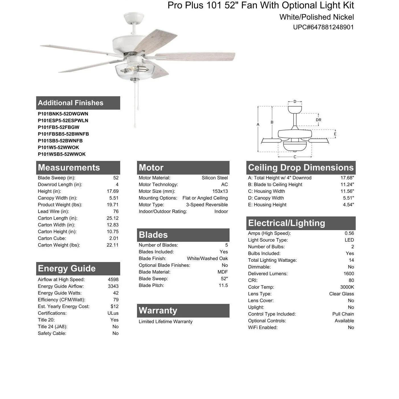 52" Pro Plus 101 in White/Polished Nickel w/ White/Washed Oak Blades