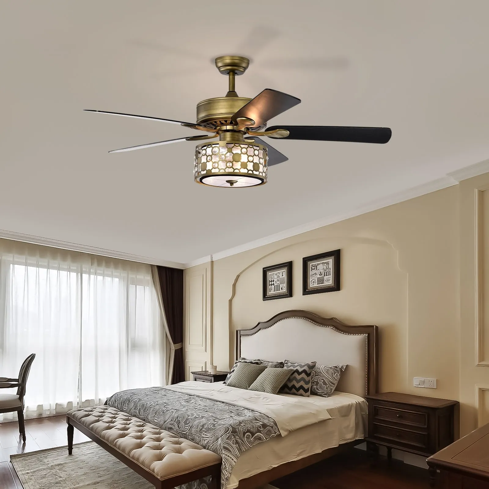 52" Vintage Bronze Crystal Ceiling Fan Light with 5 Wood Two-Tone Blades, Remote Control 3-Speed Reversible Ceiling Fan