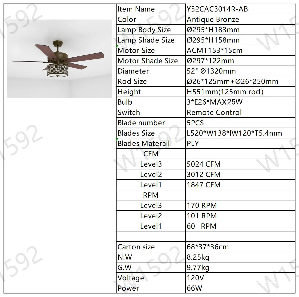 52" Vintage Bronze Crystal Ceiling Fan Light with 5 Wood Two-Tone Blades, Remote Control 3-Speed Reversible Ceiling Fan