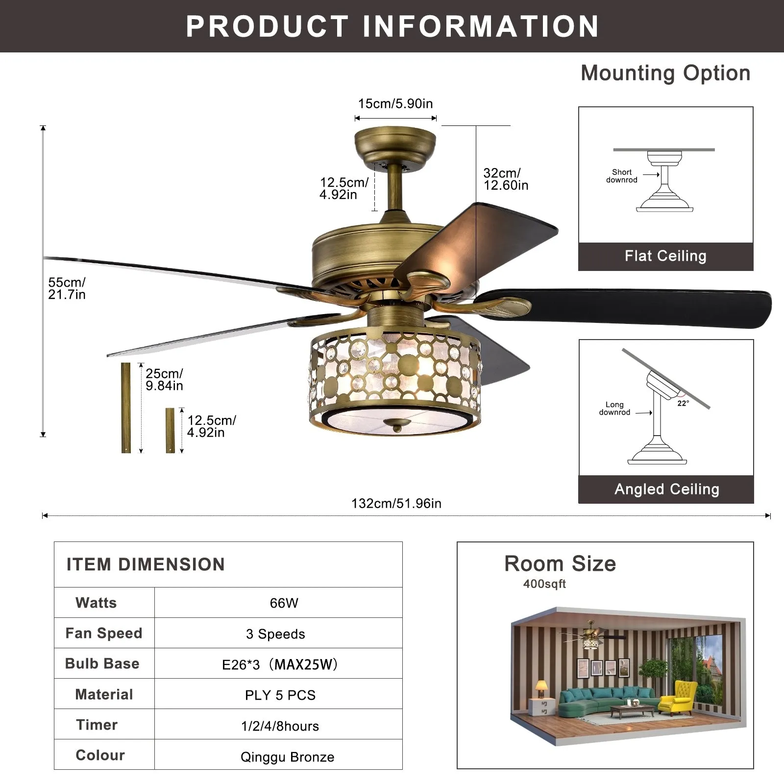 52" Vintage Bronze Crystal Ceiling Fan Light with 5 Wood Two-Tone Blades, Remote Control 3-Speed Reversible Ceiling Fan