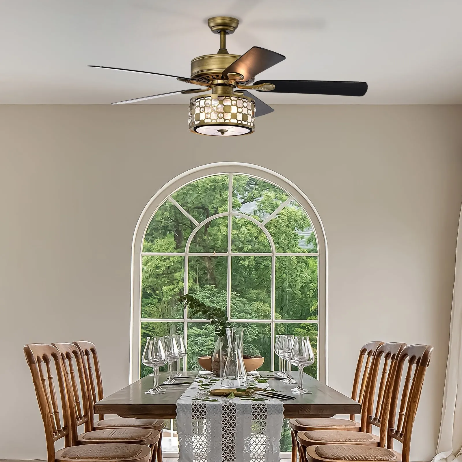 52" Vintage Bronze Crystal Ceiling Fan Light with 5 Wood Two-Tone Blades, Remote Control 3-Speed Reversible Ceiling Fan