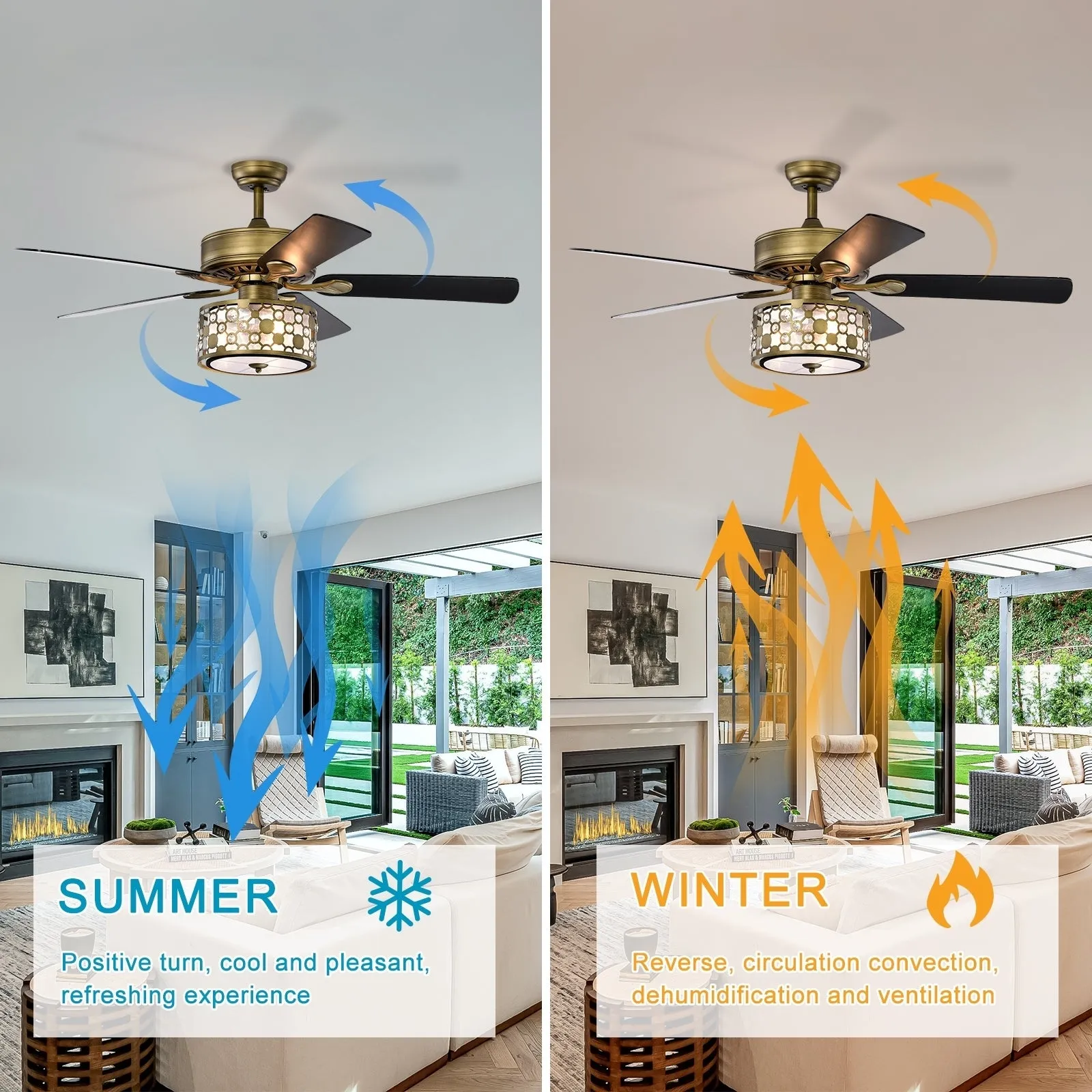 52" Vintage Bronze Crystal Ceiling Fan Light with 5 Wood Two-Tone Blades, Remote Control 3-Speed Reversible Ceiling Fan