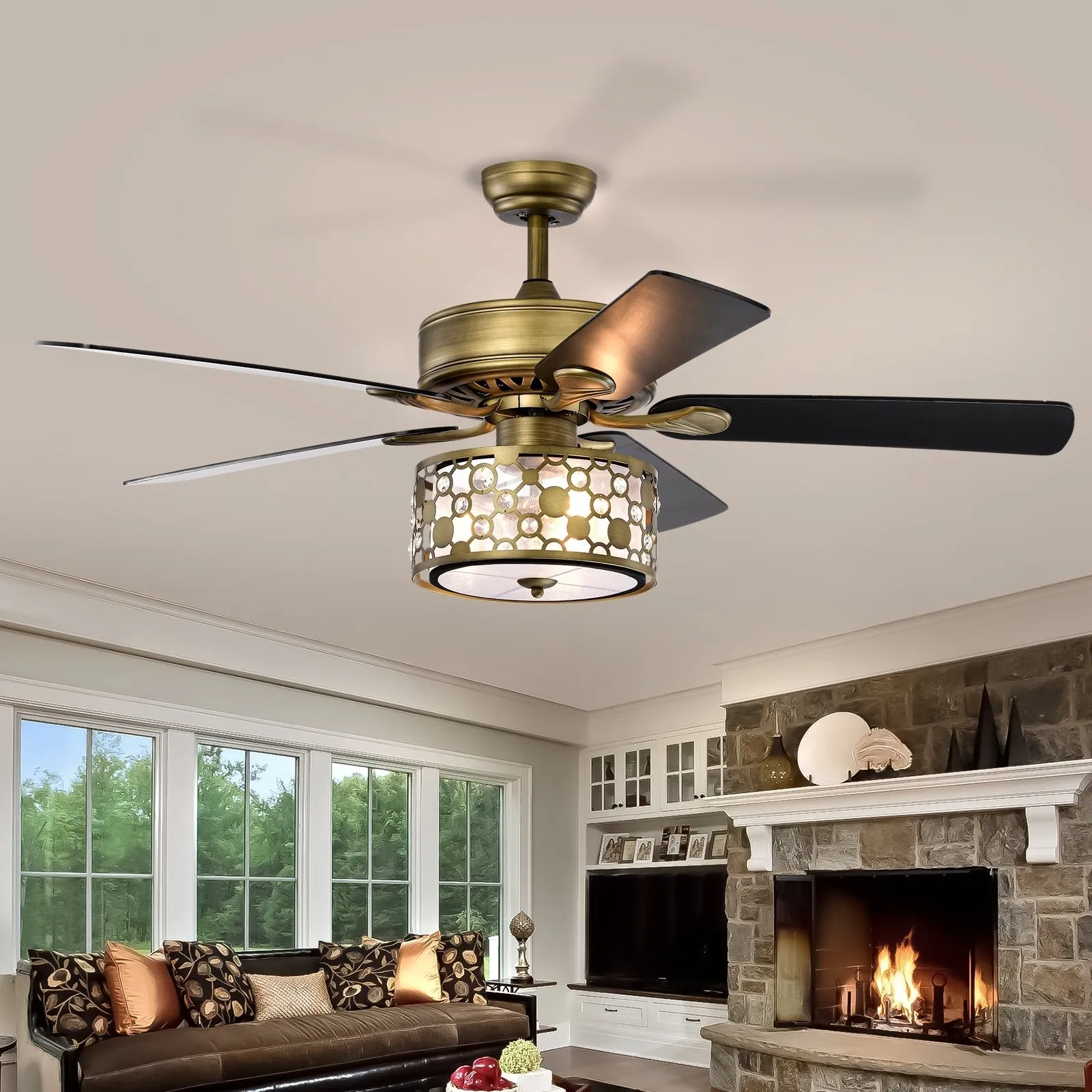 52" Vintage Bronze Crystal Ceiling Fan Light with 5 Wood Two-Tone Blades, Remote Control 3-Speed Reversible Ceiling Fan