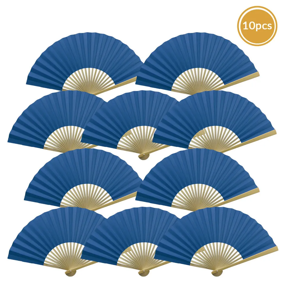 9" Dark Blue Paper Hand Fans for Weddings, Premium Paper Stock (10 Pack)