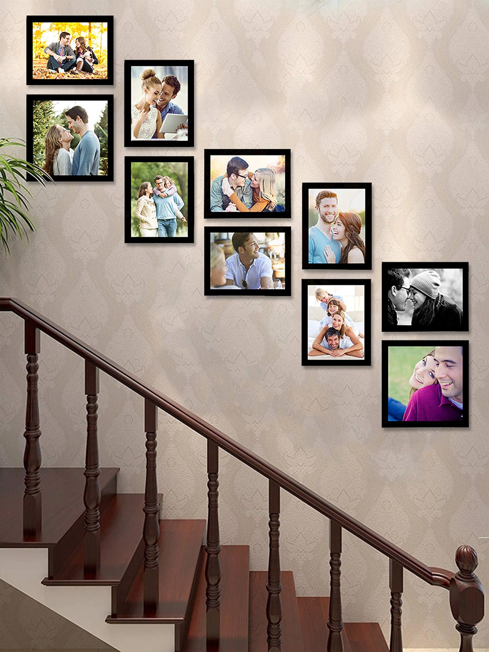 Art Street - Elevated set of 10 individual Black wall photo frame (8 units 6X8, 2 unit 8X8) designed for staircase