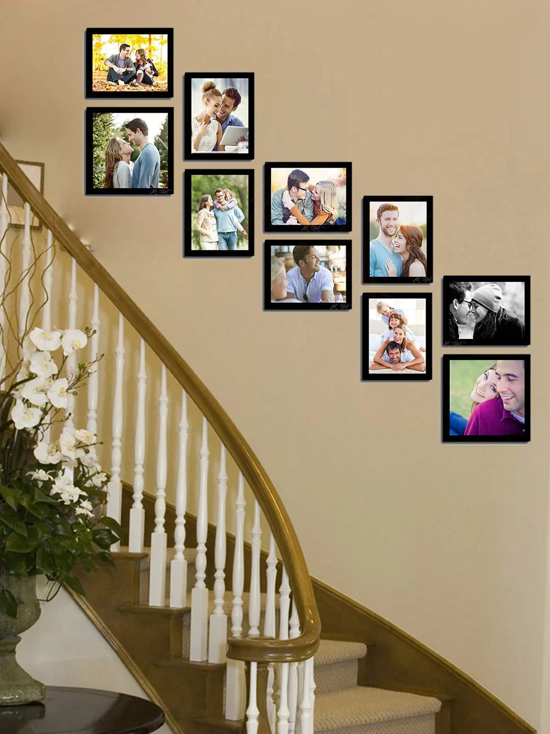 Art Street - Elevated set of 10 individual Black wall photo frame (8 units 6X8, 2 unit 8X8) designed for staircase