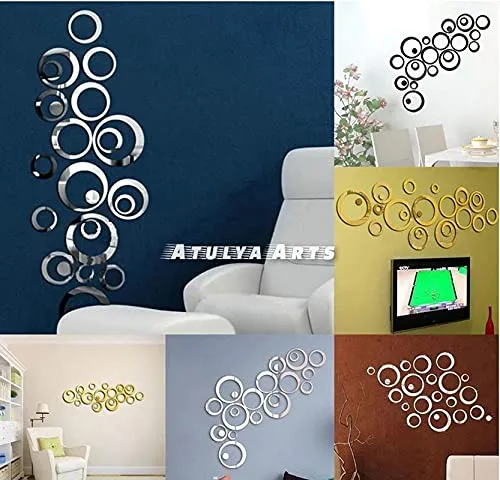 Atulya Arts 30 PCS Rings and dots Silver miror Wall Stickers 3D Decorative Wall Stickers Acrylic Mirror Stickers for Bedroom Living Room décor (Silver)