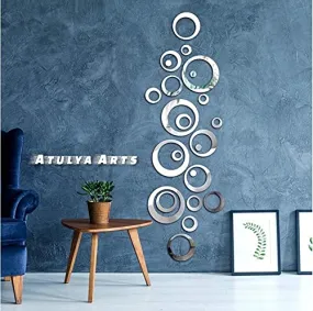 Atulya Arts 30 PCS Rings and dots Silver miror Wall Stickers 3D Decorative Wall Stickers Acrylic Mirror Stickers for Bedroom Living Room décor (Silver)