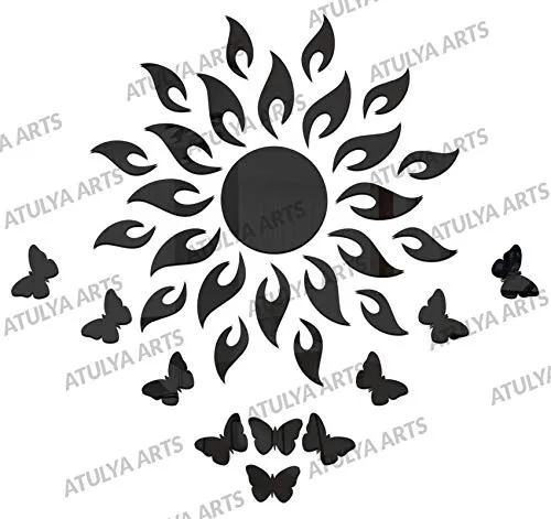 Atulya Arts Sun Mirror Wall Sticker 3D Decorative Acrylic Mirror Stickers for Wall Bedroom Living Room Decoration with 10 Butterflies (45cm X 45cm) (Black)