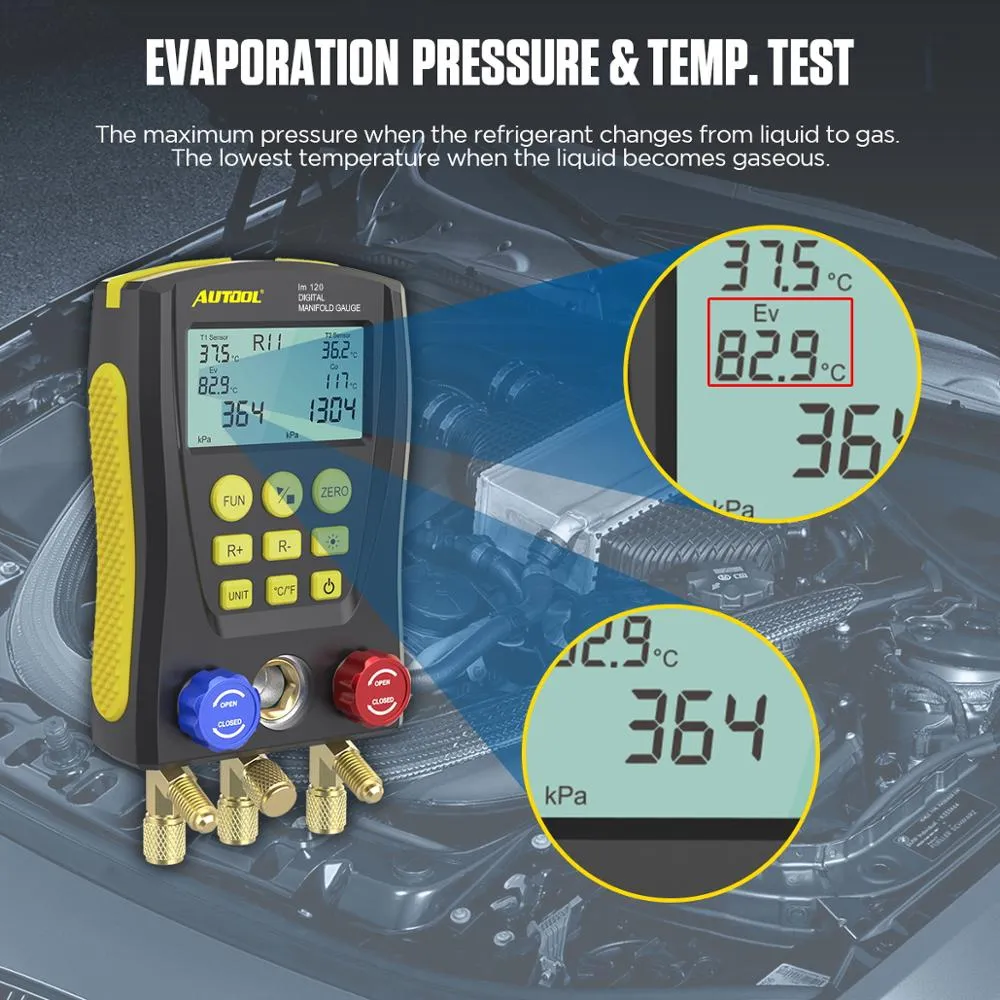 AUTOOL LM120  Digital Manifold Meter Air Conditioning Vacuum Gauge for Refrigeration HVAC Vacuum Pressure Temperature Tester