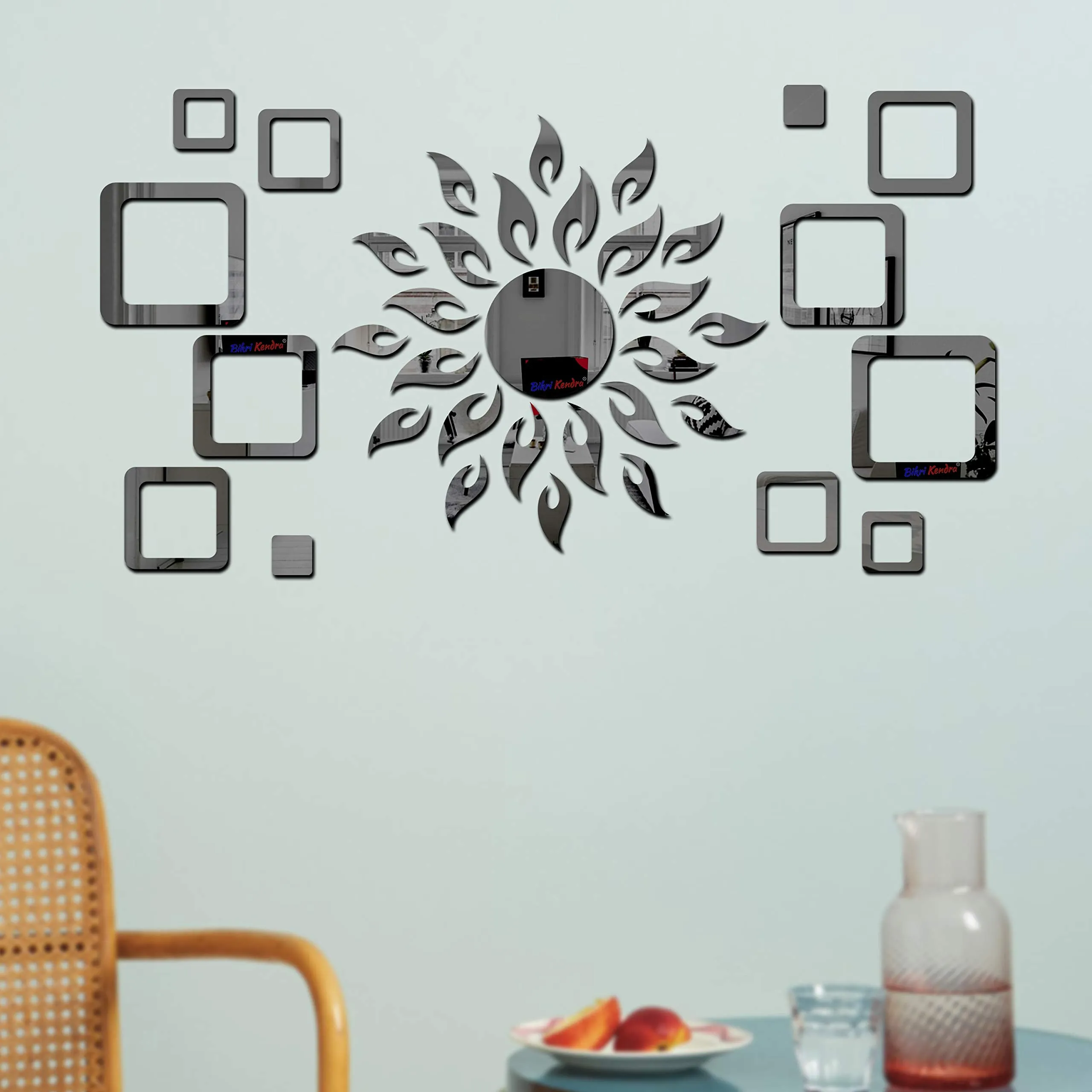 Bikri Kendra Ind - Sun with Square (Black) 2Set Mirror Stickers for Wall, Acrylic Mirror, Mirror Wall Decor Sticker, Wall Mirror Stickers