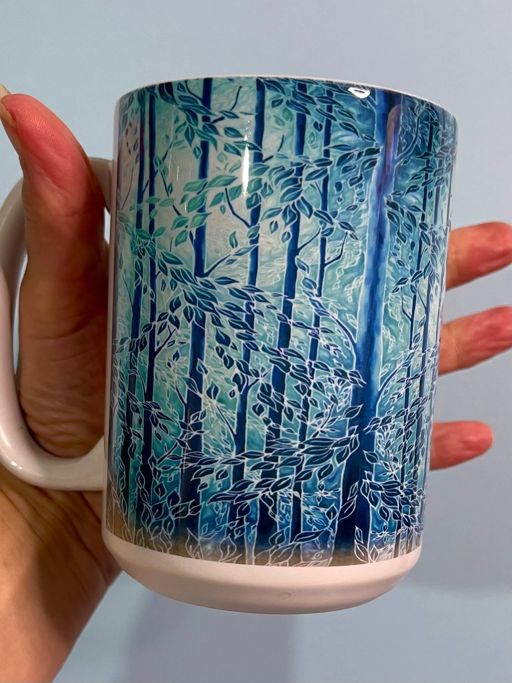 Blue Teal Trees Mug and Coaster - Extra Large & Regular Mug Sizes Woodland Lovers Mug Gift Box Set -